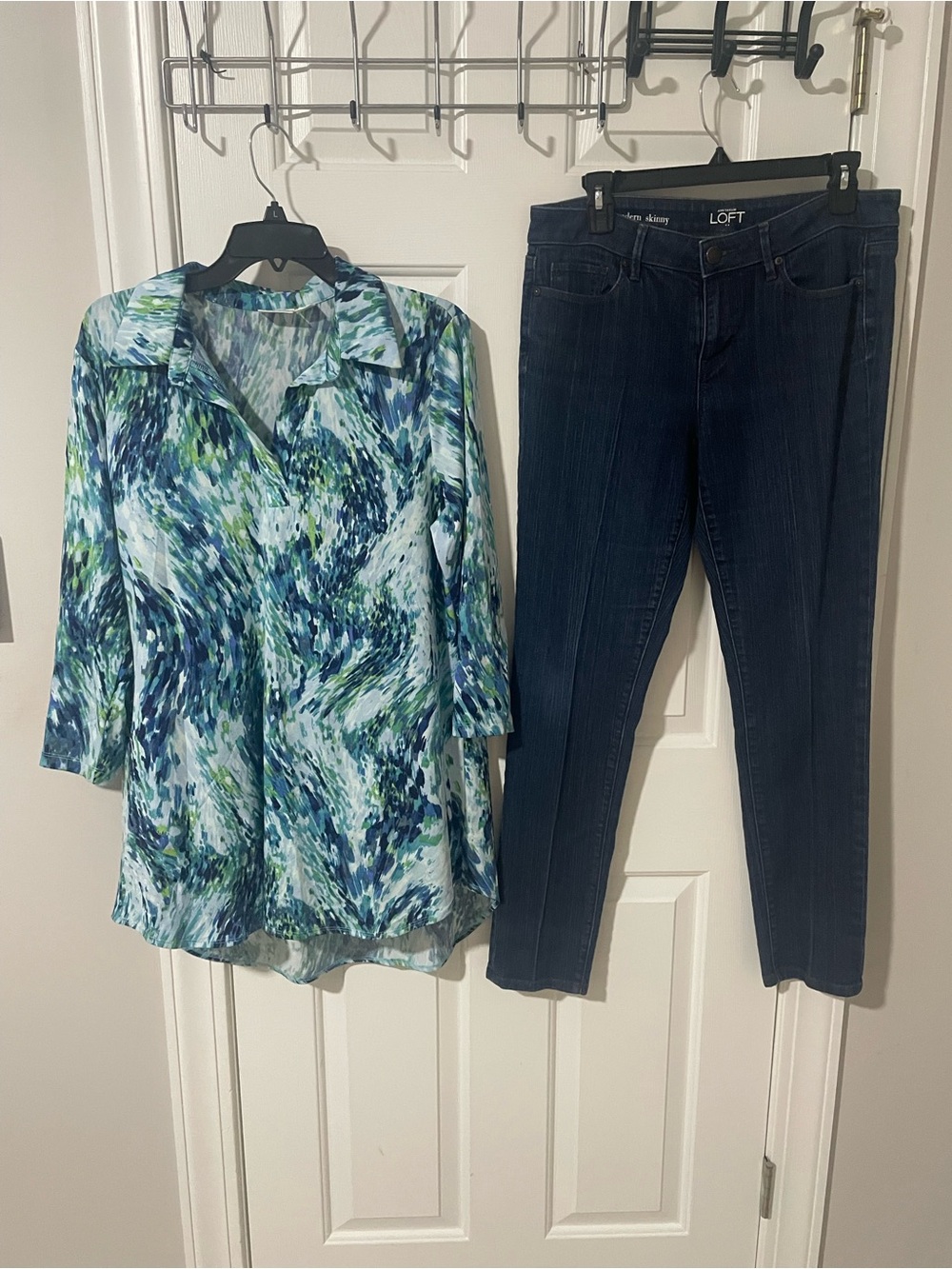 Women's Blue Multi-Print Button Front Tunic Top MT 8 skinny loft jeans
